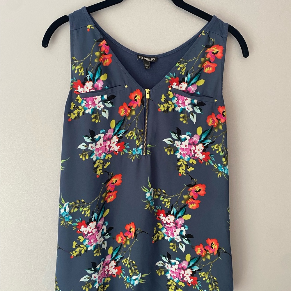 Express Floral Tank Top - Gray with Red and Pink Accents